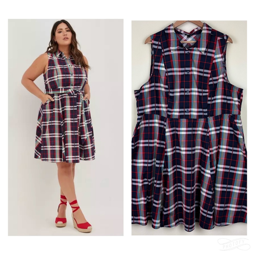 Torrid Womens Dress SZ 3X Navy Red‎ Plaid Sleeveless Button Front Fit & Flare